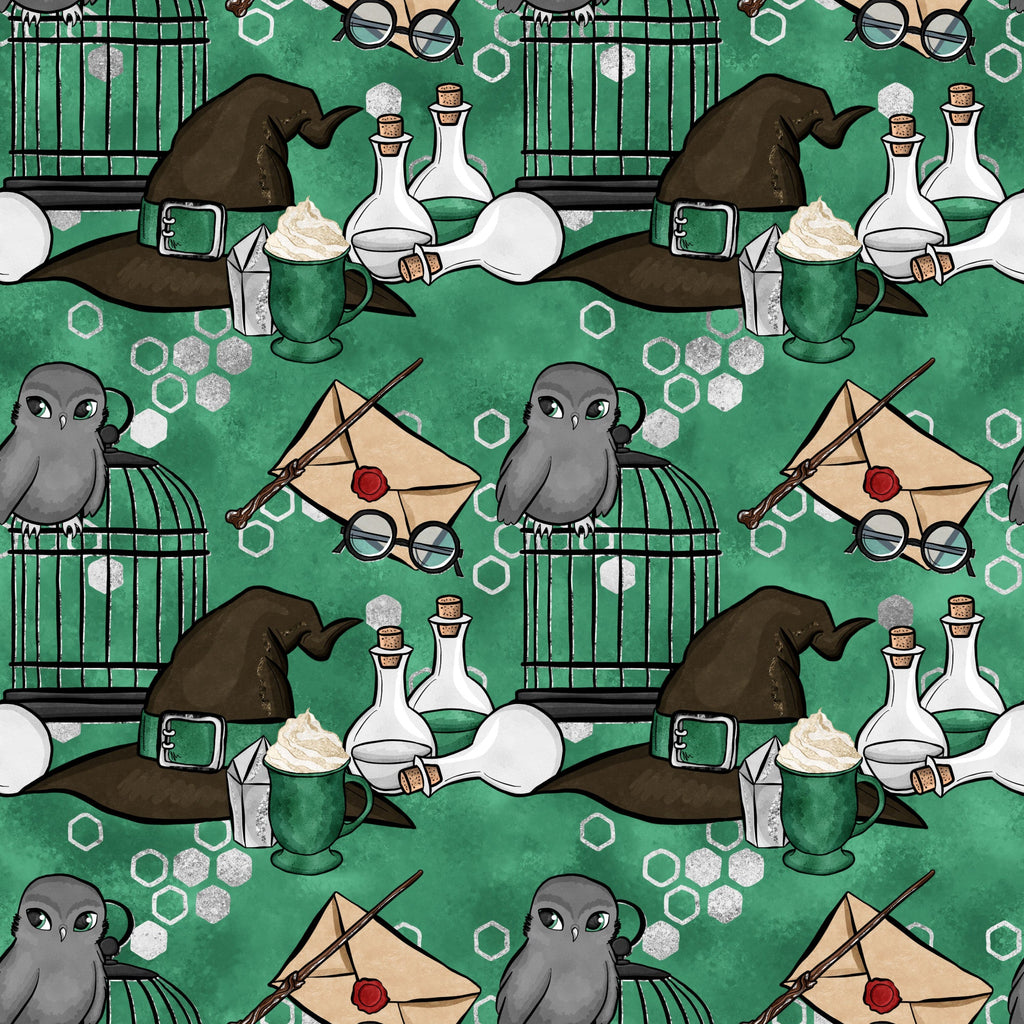 emerald green, forest green, magical pattern, wizard hat, owl birds, potion bottles, eyeglasses, envelope letter, wand, birdcage, coffee mug, hexagon shapes, whimsical design, fantasy theme,, fabric panel, repeating motif, school supplies, mystical elements, cartoon style