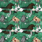 emerald green, forest green, magical pattern, wizard hat, owl birds, potion bottles, eyeglasses, envelope letter, wand, birdcage, coffee mug, hexagon shapes, whimsical design, fantasy theme,, fabric panel, repeating motif, school supplies, mystical elements, cartoon style