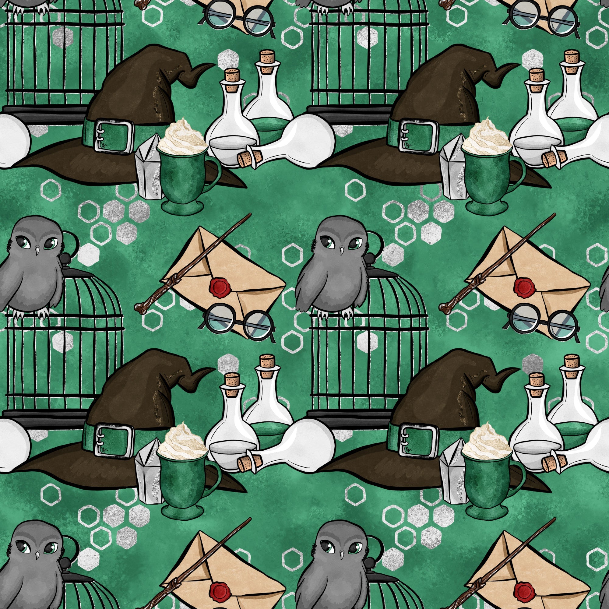 emerald green, forest green, magical pattern, wizard hat, owl birds, potion bottles, eyeglasses, envelope letter, wand, birdcage, coffee mug, hexagon shapes, whimsical design, fantasy theme,, fabric panel, repeating motif, school supplies, mystical elements, cartoon style