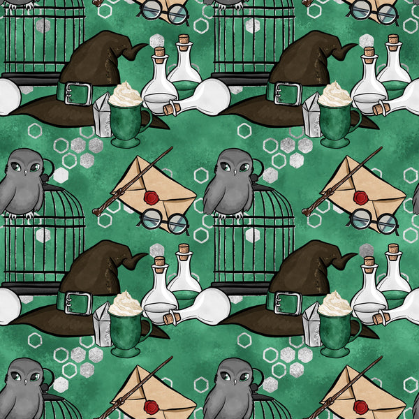 emerald green, forest green, magical pattern, wizard hat, owl birds, potion bottles, eyeglasses, envelope letter, wand, birdcage, coffee mug, hexagon shapes, whimsical design, fantasy theme,, fabric panel, repeating motif, school supplies, mystical elements, cartoon style