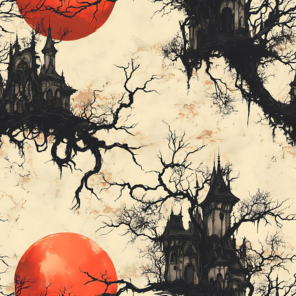 blood red, cream beige, black silhouettes, gothic manor, spooky castle, bare trees, twisted branches, red moon, haunted house, gothic architecture, eerie atmosphere, halloween theme, horror aesthetic,, fabric panel, dark fantasy, creepy mansion, skeletal trees, ominous sky, supernatural scene