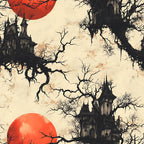 blood red, cream beige, black silhouettes, gothic manor, spooky castle, bare trees, twisted branches, red moon, haunted house, gothic architecture, eerie atmosphere, halloween theme, horror aesthetic,, fabric panel, dark fantasy, creepy mansion, skeletal trees, ominous sky, supernatural scene