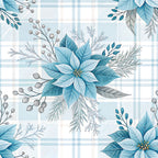 teal blue, light blue, soft blue, gray, white, cream, floral, botanical, poinsettia, winter flowers, berries, delicate leaves, feathery branches, plaid background, checkered, gingham, nature-inspired, elegant, sophisticated, winter, holiday, christmas, festive, modern traditional, botanical illustration, layered florals, muted tones, soft aesthetic, home decor, nursery