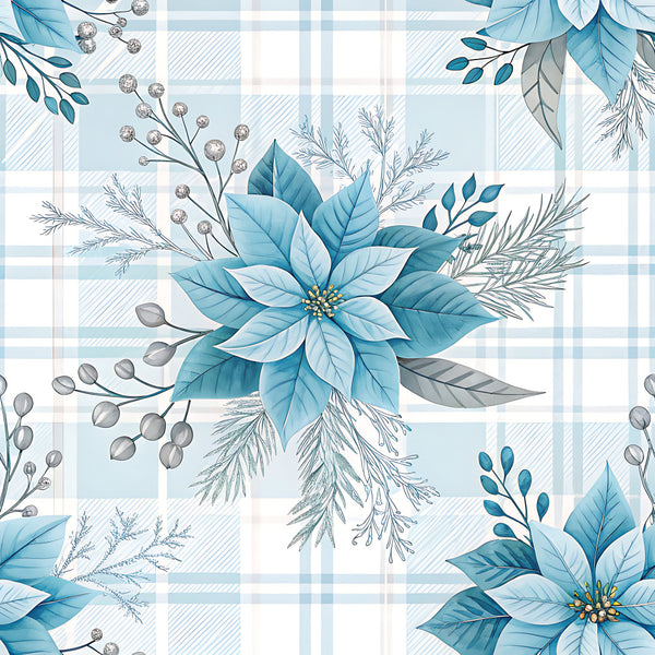 teal blue, light blue, soft blue, gray, white, cream, floral, botanical, poinsettia, winter flowers, berries, delicate leaves, feathery branches, plaid background, checkered, gingham, nature-inspired, elegant, sophisticated, winter, holiday, christmas, festive, modern traditional, botanical illustration, layered florals, muted tones, soft aesthetic, home decor, nursery