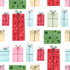 red, pink, light blue, cream, green, polka dots, gifts, present, bows, ribbons, holiday, christmas, festive, whimsical, playful, modern, kids, children, nursery, playroom, cheerful, colorful, hand-drawn, watercolor, soft, cute, seasonal, celebratory