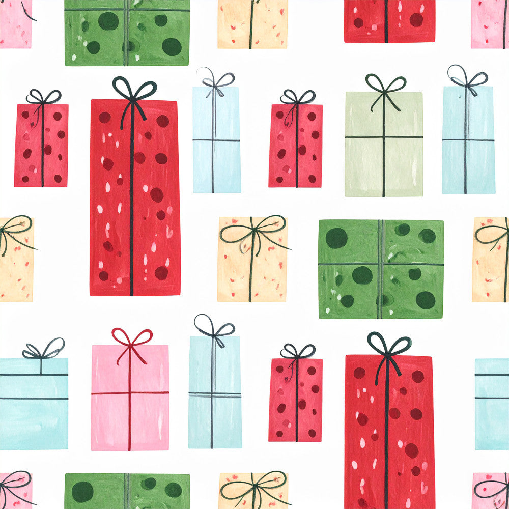 red, pink, light blue, cream, green, polka dots, gifts, present, bows, ribbons, holiday, christmas, festive, whimsical, playful, modern, kids, children, nursery, playroom, cheerful, colorful, hand-drawn, watercolor, soft, cute, seasonal, celebratory