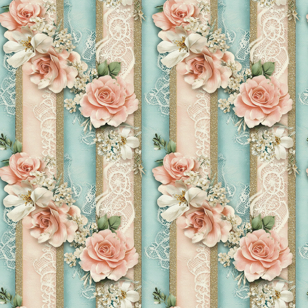 peach roses, aqua blue, cream lace, white flowers, coral pink, gold accents, vertical stripes, floral pattern, romantic blooms, delicate lace trim,, fabric panel, soft pastels, vintage roses, decorative ribbons, feminine florals, spring flowers, shabby chic, cotton fabric, repeating design