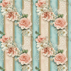 peach roses, aqua blue, cream lace, white flowers, coral pink, gold accents, vertical stripes, floral pattern, romantic blooms, delicate lace trim,, fabric panel, soft pastels, vintage roses, decorative ribbons, feminine florals, spring flowers, shabby chic, cotton fabric, repeating design
