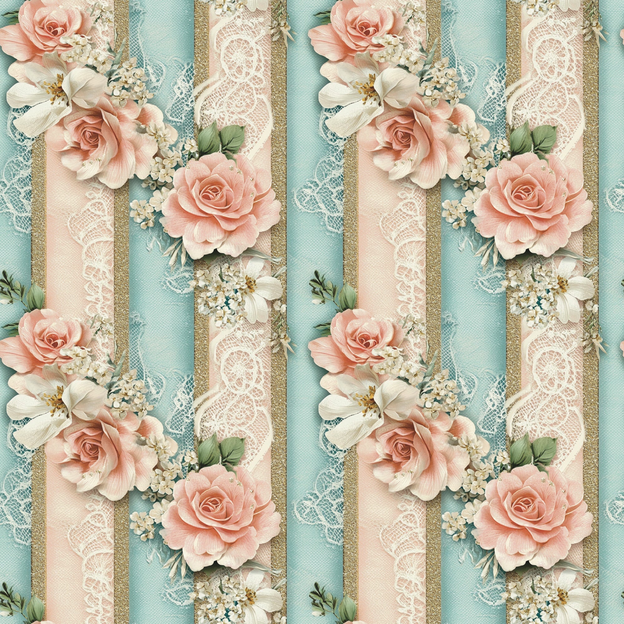peach roses, aqua blue, cream lace, white flowers, coral pink, gold accents, vertical stripes, floral pattern, romantic blooms, delicate lace trim,, fabric panel, soft pastels, vintage roses, decorative ribbons, feminine florals, spring flowers, shabby chic, cotton fabric, repeating design
