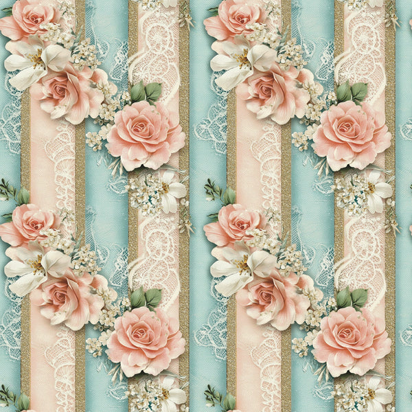 peach roses, aqua blue, cream lace, white flowers, coral pink, gold accents, vertical stripes, floral pattern, romantic blooms, delicate lace trim,, fabric panel, soft pastels, vintage roses, decorative ribbons, feminine florals, spring flowers, shabby chic, cotton fabric, repeating design