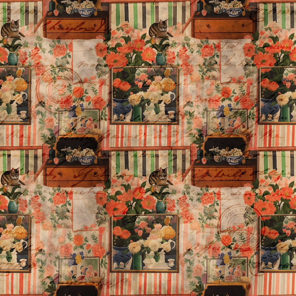cottagecore, scrapbook pattern,, fabric panel, tabby cats, floral arrangements, vintage furniture, wooden drawers, striped wallpaper, coral flowers, peach blooms, green foliage, antique vases, cozy interior, nostalgic mood, repeating motifs, warm color palette, domestic scenes, cottage aesthetic, soft pastels