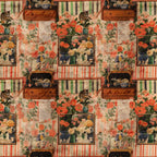cottagecore, scrapbook pattern,, fabric panel, tabby cats, floral arrangements, vintage furniture, wooden drawers, striped wallpaper, coral flowers, peach blooms, green foliage, antique vases, cozy interior, nostalgic mood, repeating motifs, warm color palette, domestic scenes, cottage aesthetic, soft pastels