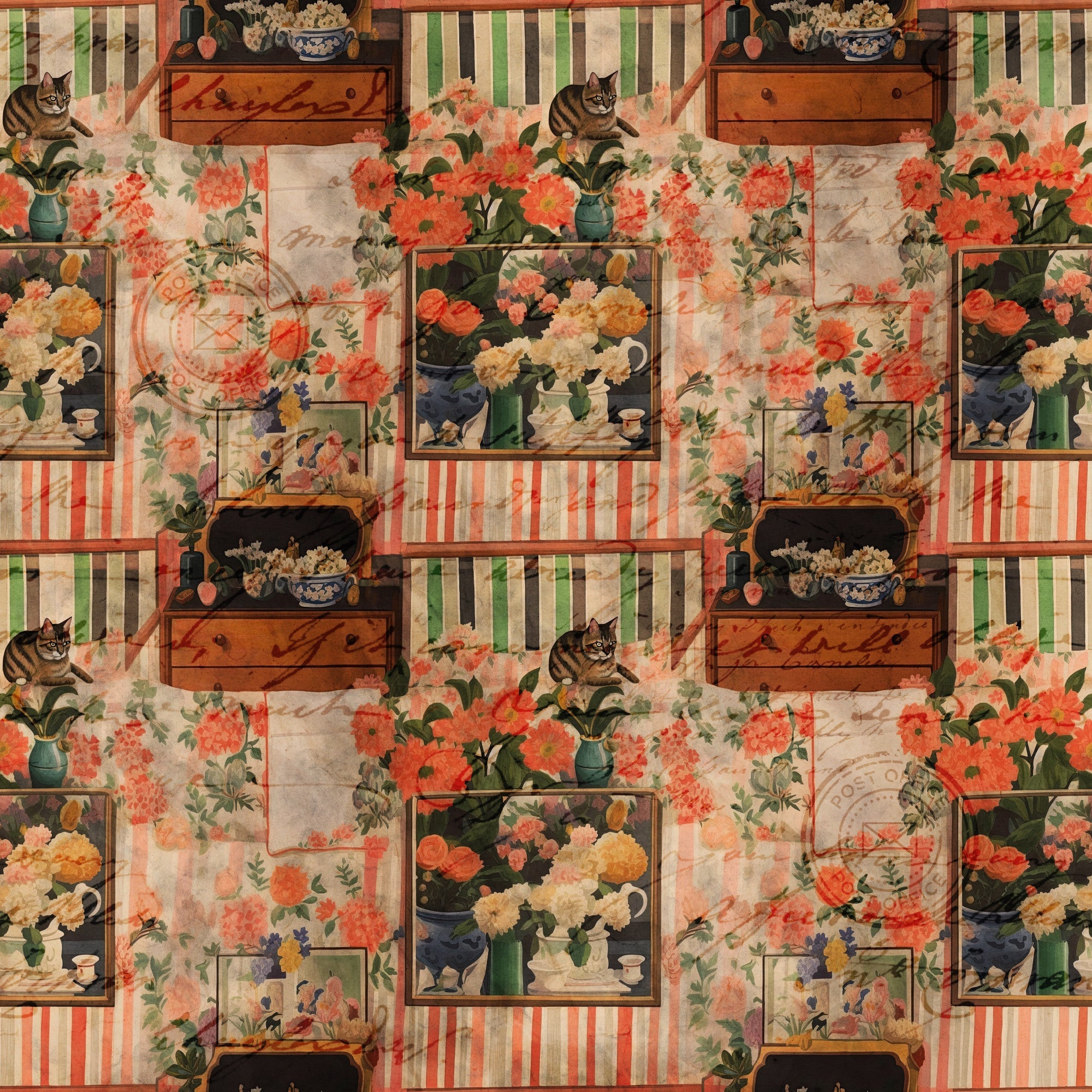 cottagecore, scrapbook pattern,, fabric panel, tabby cats, floral arrangements, vintage furniture, wooden drawers, striped wallpaper, coral flowers, peach blooms, green foliage, antique vases, cozy interior, nostalgic mood, repeating motifs, warm color palette, domestic scenes, cottage aesthetic, soft pastels