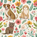 dogs, cats, rabbit, floral pattern, botanical elements, pink flowers, yellow blooms, green leaves, cream background, watercolor style, whimsical illustration, paw prints, pet theme,, fabric panel, spring motif, cute animals, detailed artwork, soft colors, nature design