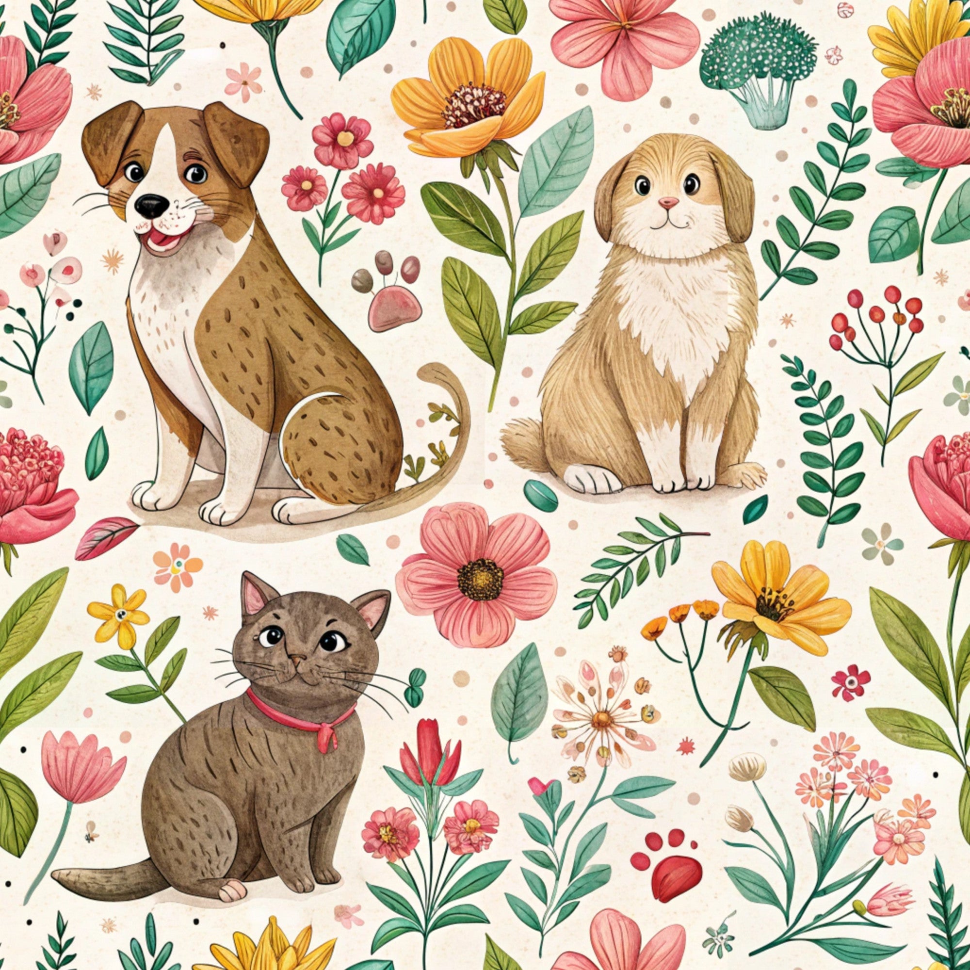 dogs, cats, rabbit, floral pattern, botanical elements, pink flowers, yellow blooms, green leaves, cream background, watercolor style, whimsical illustration, paw prints, pet theme,, fabric panel, spring motif, cute animals, detailed artwork, soft colors, nature design