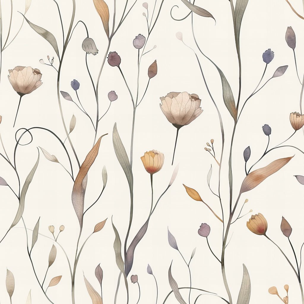 beige background, wildflowers, botanical pattern, hand drawn style, muted colors, sage green, dusty purple, warm brown, cream tones, delicate florals, meadow flowers, nature motif, organic design,, fabric panel, soft palette, whimsical illustration, scattered blooms, stems and leaves, watercolor effect