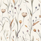 beige background, wildflowers, botanical pattern, hand drawn style, muted colors, sage green, dusty purple, warm brown, cream tones, delicate florals, meadow flowers, nature motif, organic design,, fabric panel, soft palette, whimsical illustration, scattered blooms, stems and leaves, watercolor effect