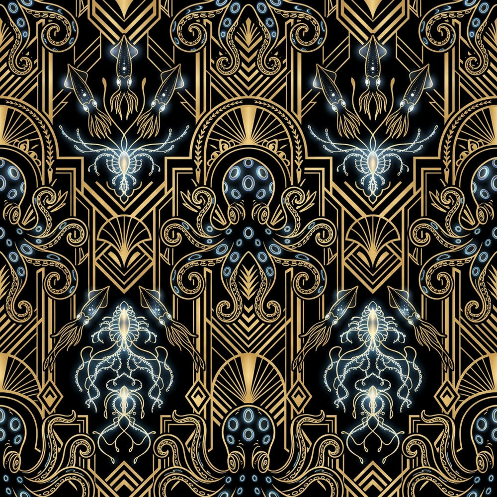 gold, black, navy blue, celestial, squid, octopus, tentacles, art deco, geometric, ornate, elegant, sophisticated, dramatic, gothic, nautical, sea creatures, marine life, vintage, luxury, decorative, scrollwork, pattern, intricate, mystical, ocean, steampunk, dark academia