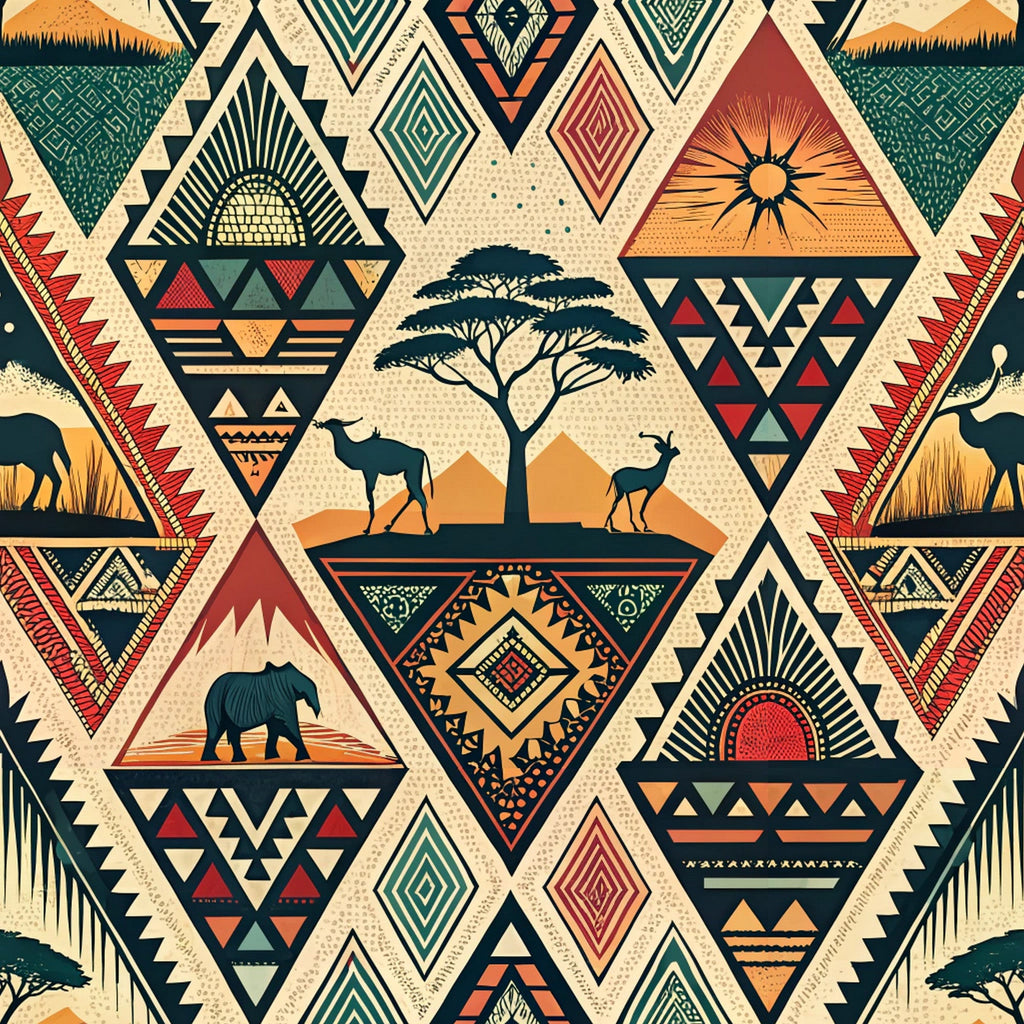 african tribal, geometric patterns, triangular motifs, earthy tones, rust orange, forest green, cream beige, terracotta red, safari animals, elephant silhouettes, acacia trees, desert landscape, ethnic design,, fabric panel, tribal symbols, diamond shapes, warm colors, african wildlife, cultural motifs