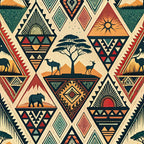 african tribal, geometric patterns, triangular motifs, earthy tones, rust orange, forest green, cream beige, terracotta red, safari animals, elephant silhouettes, acacia trees, desert landscape, ethnic design,, fabric panel, tribal symbols, diamond shapes, warm colors, african wildlife, cultural motifs