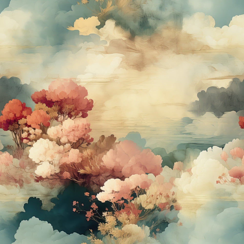 soft floral, watercolor, cloud, dreamy, pastel pink, dusty rose, coral pink, cream, sage green, teal blue, gold accents, romantic, whimsical, nature inspired, botanical, gentle, serene, calming, spring, summer, nursery, baby room, delicate flowers, ethereal, artistic, vintage inspired, peaceful, soft clouds, garden theme, celestial sky