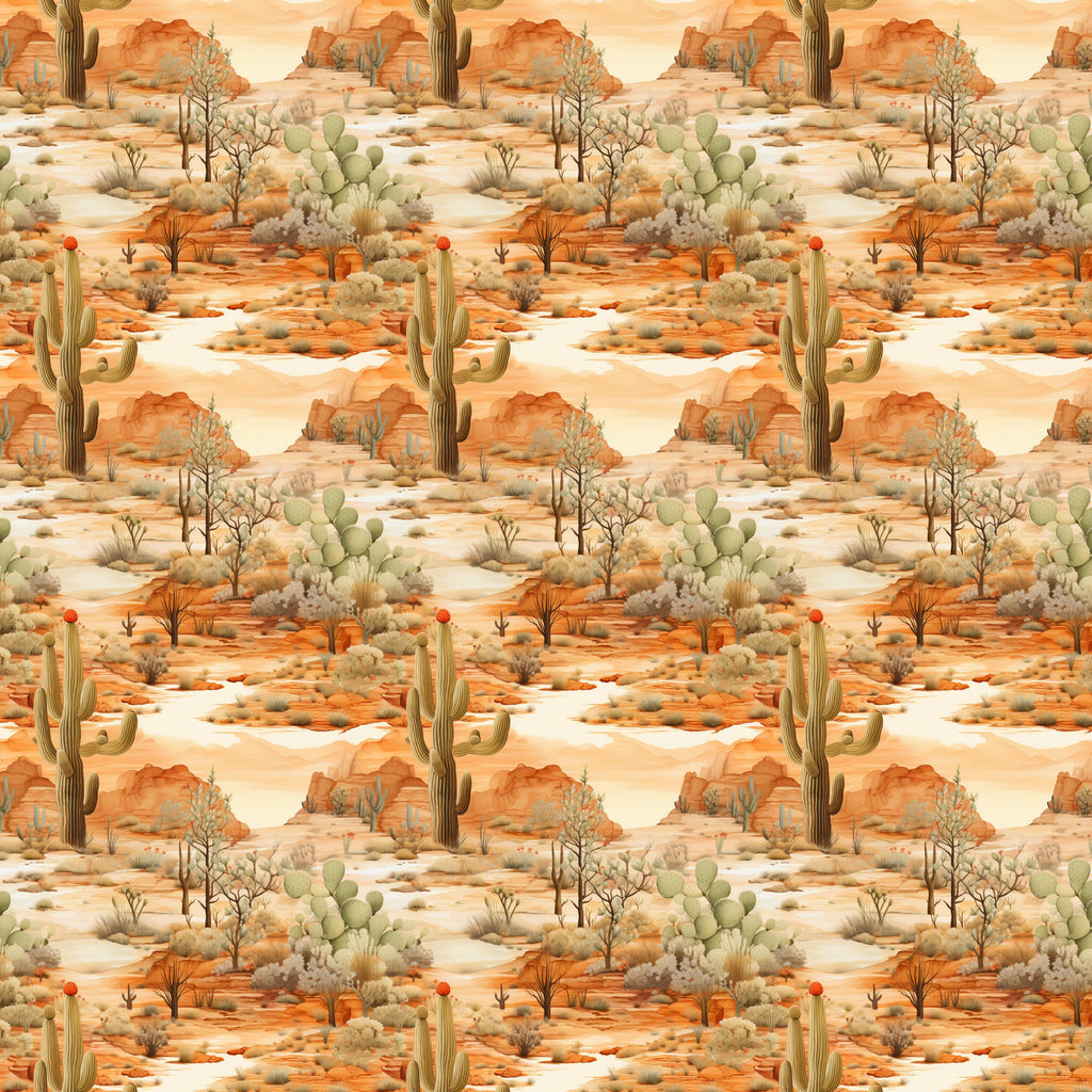 desert landscape, sunrise colors, orange tones, coral hues, sage green, cactus plants, saguaro cacti, prickly pear, desert flora, southwestern scene,, fabric panel, repeating pattern, warm palette, arid landscape, desert plants, natural scenery, earth tones, botanical design, seamless repeat