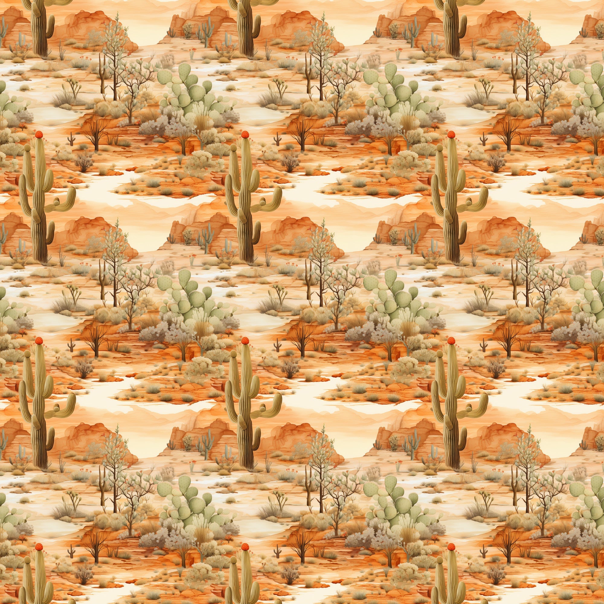 desert landscape, sunrise colors, orange tones, coral hues, sage green, cactus plants, saguaro cacti, prickly pear, desert flora, southwestern scene,, fabric panel, repeating pattern, warm palette, arid landscape, desert plants, natural scenery, earth tones, botanical design, seamless repeat