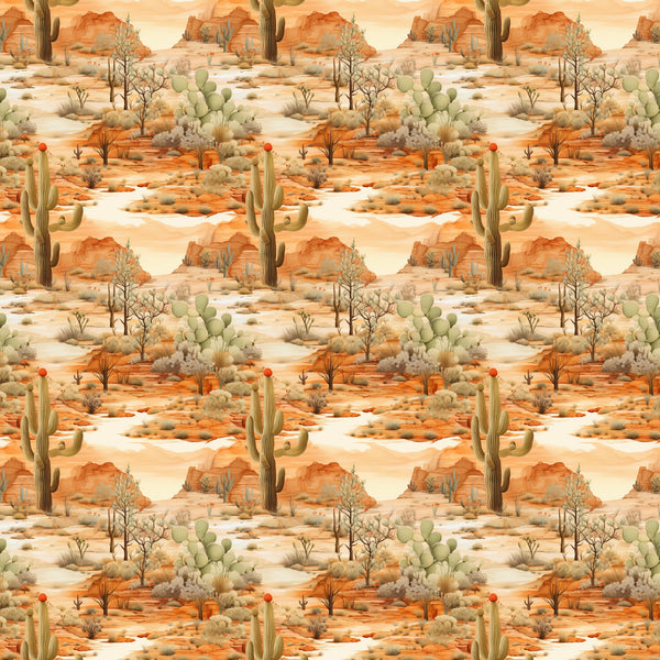 desert landscape, sunrise colors, orange tones, coral hues, sage green, cactus plants, saguaro cacti, prickly pear, desert flora, southwestern scene,, fabric panel, repeating pattern, warm palette, arid landscape, desert plants, natural scenery, earth tones, botanical design, seamless repeat