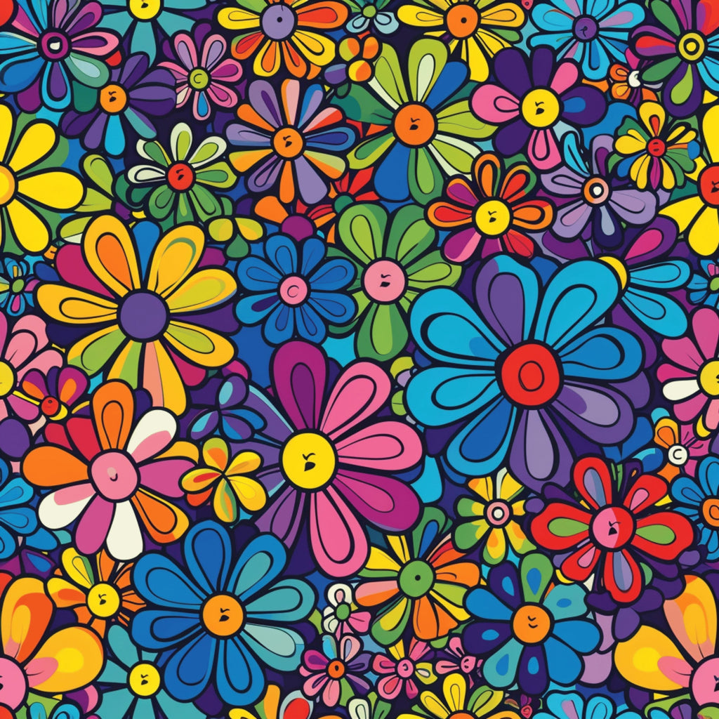 rainbow flowers, hippie flowers, multicolored petals, bright yellow, hot pink, turquoise blue, orange, purple, lime green, red, floral pattern, daisy shapes, groovy style, retro design, psychedelic art, 1960s inspired, flower power,, fabric panel, vibrant colors, cheerful mood, densely packed blooms