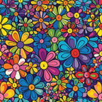 rainbow flowers, hippie flowers, multicolored petals, bright yellow, hot pink, turquoise blue, orange, purple, lime green, red, floral pattern, daisy shapes, groovy style, retro design, psychedelic art, 1960s inspired, flower power,, fabric panel, vibrant colors, cheerful mood, densely packed blooms