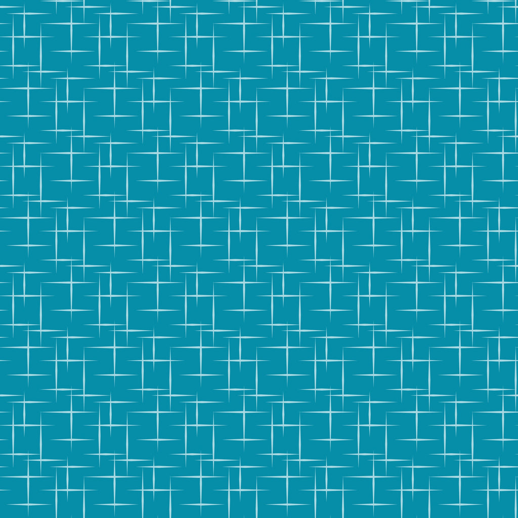 turquoise, teal, aqua, geometric pattern, atomic age, mid-century modern, starburst design, retro style, 1950s inspired, crosshatch lines, angular shapes,, fabric panel, vintage aesthetic, modernist design, repetitive pattern, structured grid, abstract motifs