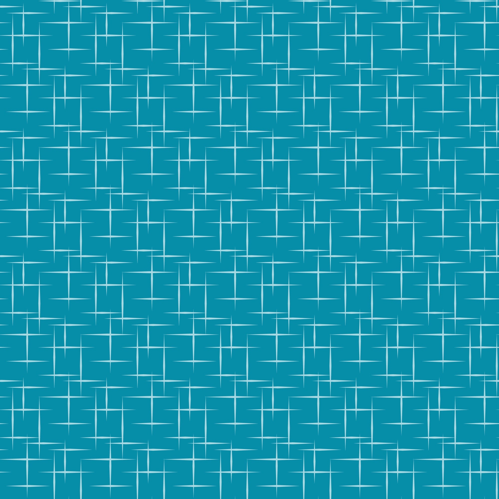 turquoise, teal, aqua, geometric pattern, atomic age, mid-century modern, starburst design, retro style, 1950s inspired, crosshatch lines, angular shapes,, fabric panel, vintage aesthetic, modernist design, repetitive pattern, structured grid, abstract motifs