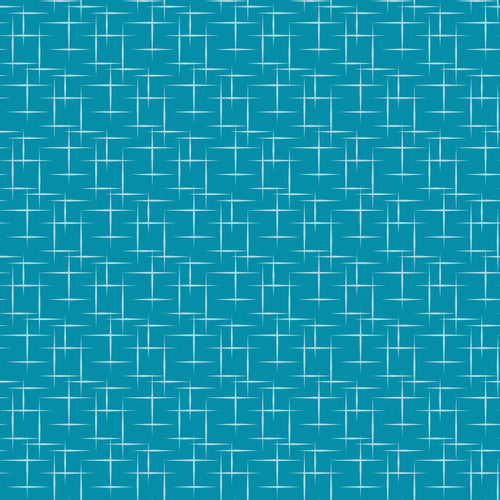 turquoise, teal, aqua, geometric pattern, atomic age, mid-century modern, starburst design, retro style, 1950s inspired, crosshatch lines, angular shapes, quilting cotton, fabric panel, vintage aesthetic, modernist design, repetitive pattern, structured grid, abstract motifs
