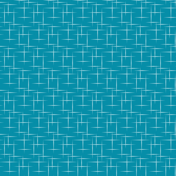 turquoise, teal, aqua, geometric pattern, atomic age, mid-century modern, starburst design, retro style, 1950s inspired, crosshatch lines, angular shapes, quilting cotton, fabric panel, vintage aesthetic, modernist design, repetitive pattern, structured grid, abstract motifs