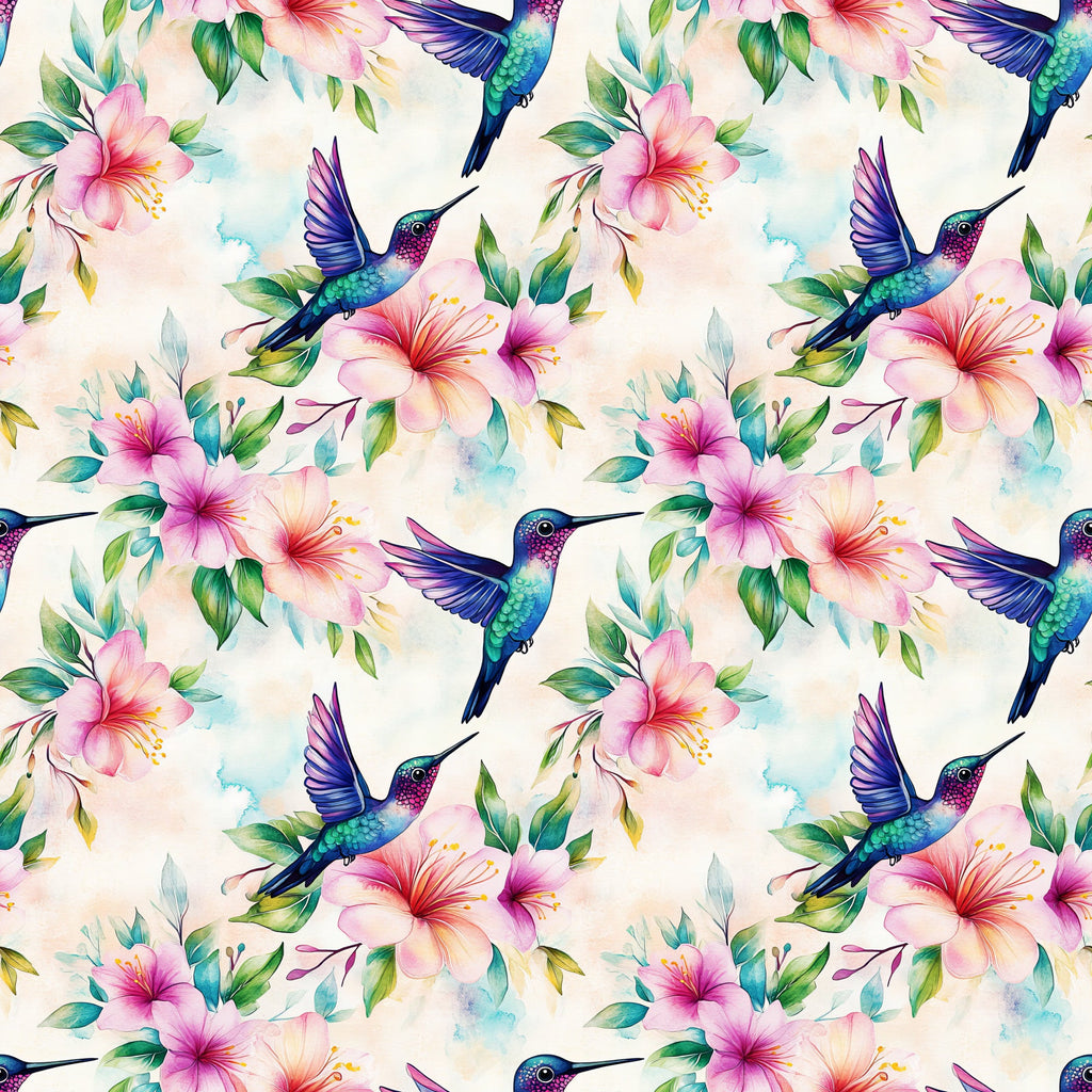 watercolor, hummingbirds, hibiscus flowers, tropical birds, floral pattern, pink flowers, purple wings, teal green, coral pink, botanical design, nature motif, seamless repeat,, fabric panel, tropical theme, delicate watercolor, flying birds, exotic flowers, soft pastels, garden birds