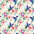 watercolor, hummingbirds, hibiscus flowers, tropical birds, floral pattern, pink flowers, purple wings, teal green, coral pink, botanical design, nature motif, seamless repeat,, fabric panel, tropical theme, delicate watercolor, flying birds, exotic flowers, soft pastels, garden birds