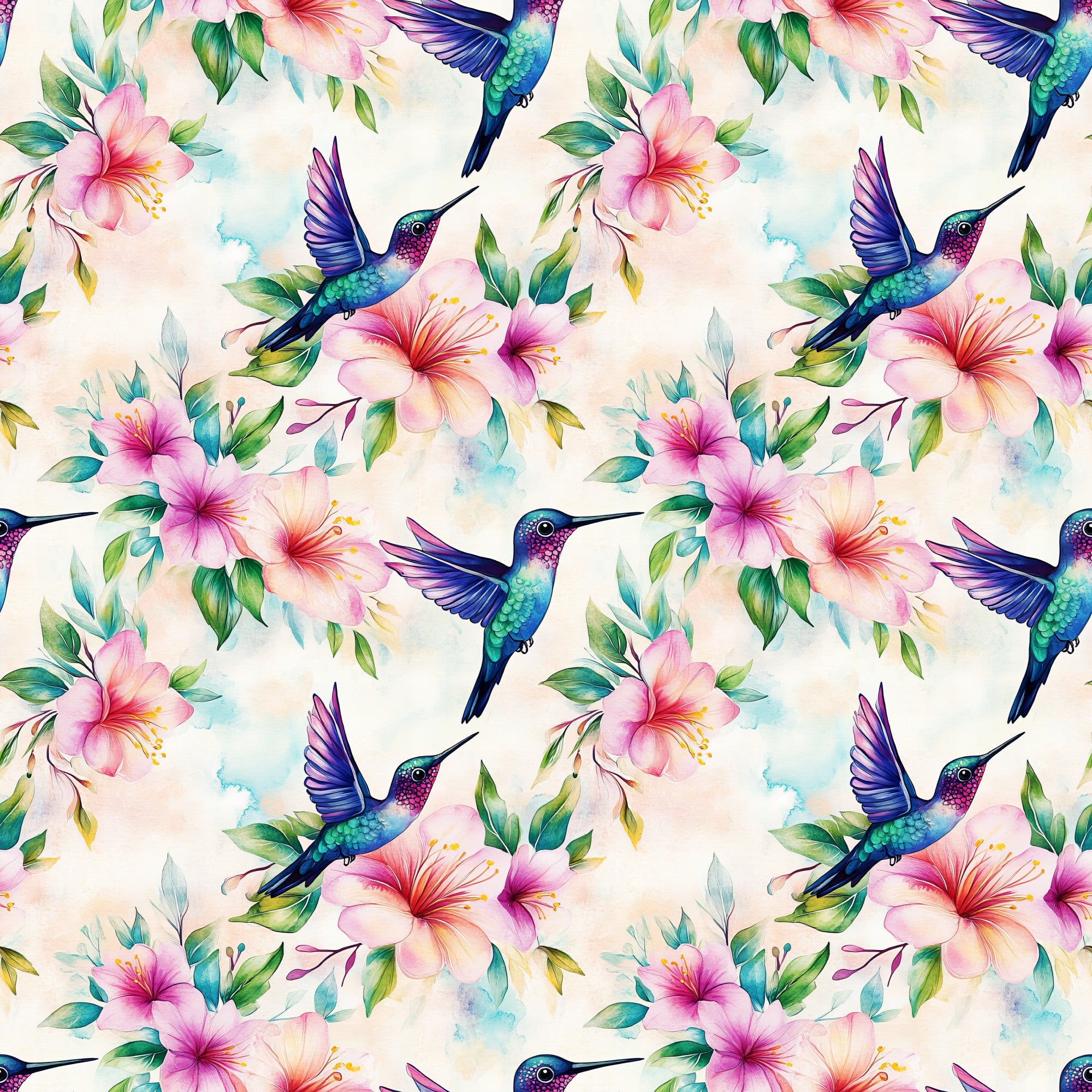 watercolor, hummingbirds, hibiscus flowers, tropical birds, floral pattern, pink flowers, purple wings, teal green, coral pink, botanical design, nature motif, seamless repeat,, fabric panel, tropical theme, delicate watercolor, flying birds, exotic flowers, soft pastels, garden birds