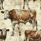 brown, cream, beige, tan, white, cows, dairy cattle, farm animals, vintage script, handwriting text, pastoral scene, rustic style, country theme, agricultural motif,, fabric panel, farmhouse aesthetic, livestock illustration, sepia tones, nostalgic feel