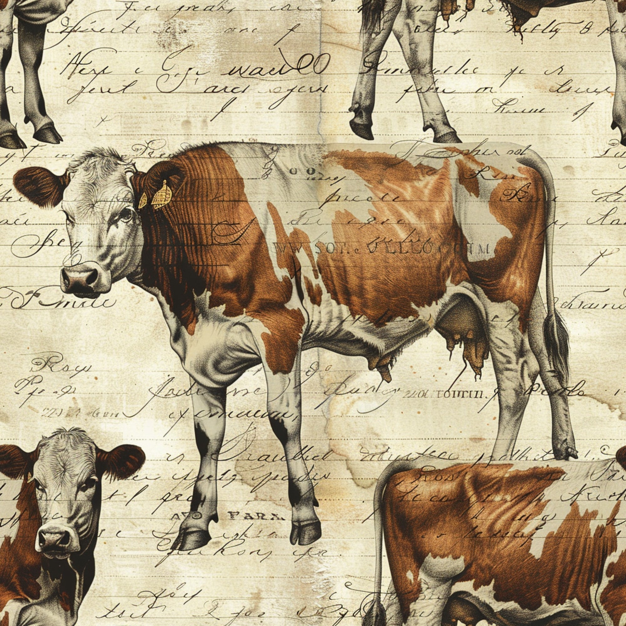 brown, cream, beige, tan, white, cows, dairy cattle, farm animals, vintage script, handwriting text, pastoral scene, rustic style, country theme, agricultural motif,, fabric panel, farmhouse aesthetic, livestock illustration, sepia tones, nostalgic feel