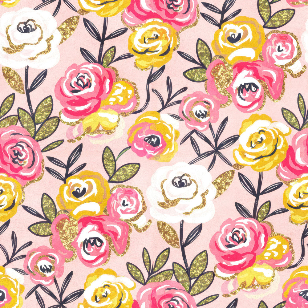 hot pink, golden yellow, white, cream, blush pink, navy blue, olive green, gold glitter, floral, roses, botanical, nature, whimsical, modern, elegant, spring, summer, playroom, nursery, kids room, baby shower, layered flowers, hand-drawn, artistic, feminine, colorful, multi-color, leaf accents, garden theme, bright