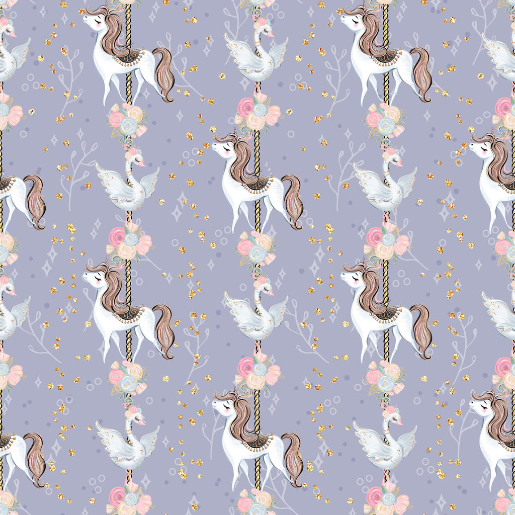 lavender purple, soft pink, gold glitter, white unicorns, carousel horses, flying doves, floral bouquets, roses, whimsical pattern, magical theme, fairytale motif, repeating design,, fabric panel, dreamy aesthetic, pastel colors, fantasy creatures, children's fabric, nursery theme, enchanted pattern