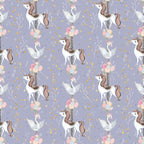 lavender purple, soft pink, gold glitter, white unicorns, carousel horses, flying doves, floral bouquets, roses, whimsical pattern, magical theme, fairytale motif, repeating design,, fabric panel, dreamy aesthetic, pastel colors, fantasy creatures, children's fabric, nursery theme, enchanted pattern