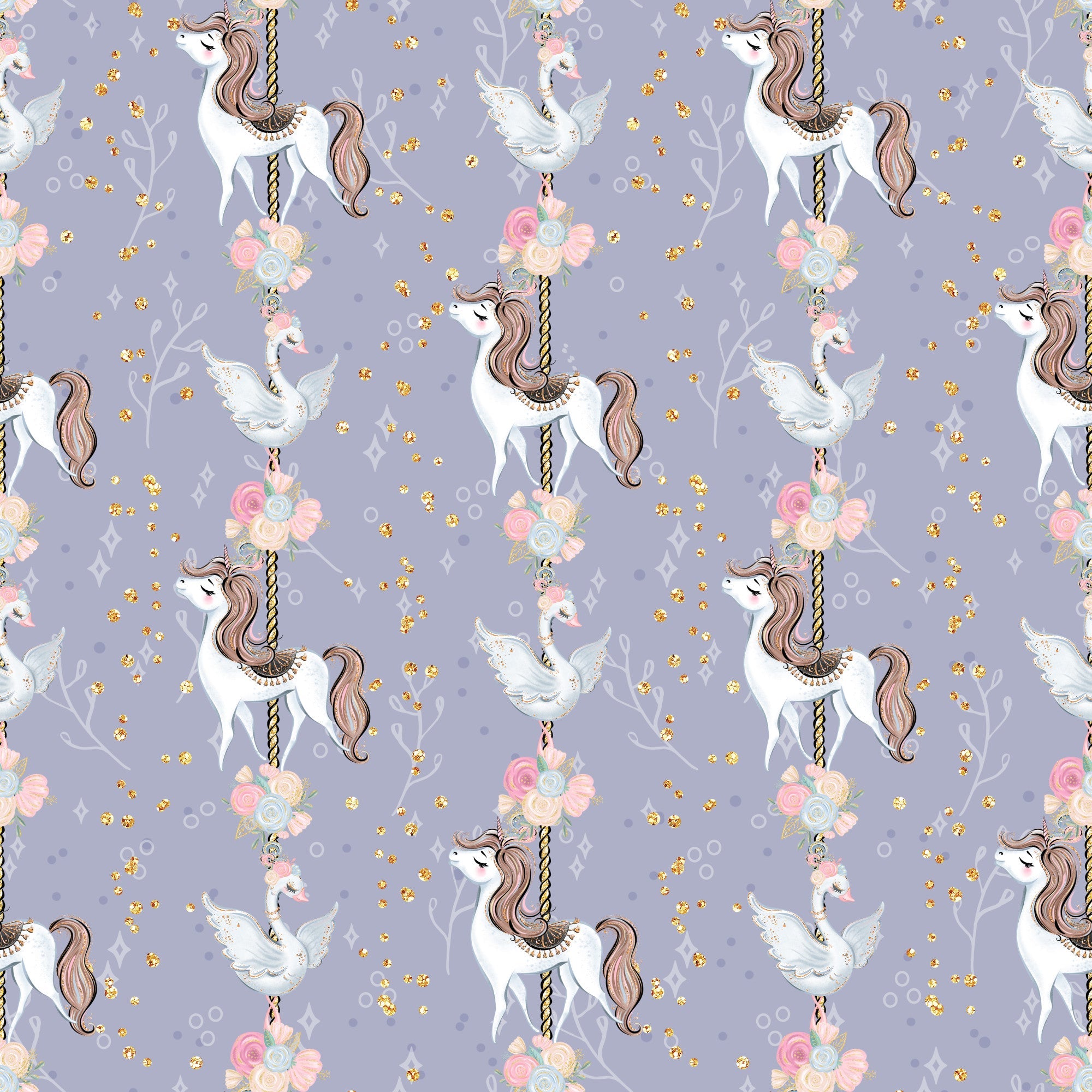 lavender purple, soft pink, gold glitter, white unicorns, carousel horses, flying doves, floral bouquets, roses, whimsical pattern, magical theme, fairytale motif, repeating design,, fabric panel, dreamy aesthetic, pastel colors, fantasy creatures, children's fabric, nursery theme, enchanted pattern