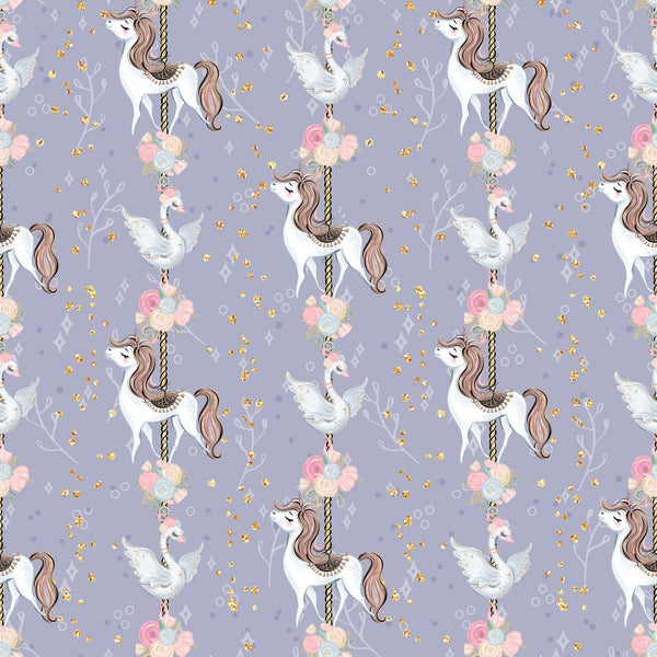 lavender purple, soft pink, gold glitter, white unicorns, carousel horses, flying doves, floral bouquets, roses, whimsical pattern, magical theme, fairytale motif, repeating design,, fabric panel, dreamy aesthetic, pastel colors, fantasy creatures, children's fabric, nursery theme, enchanted pattern