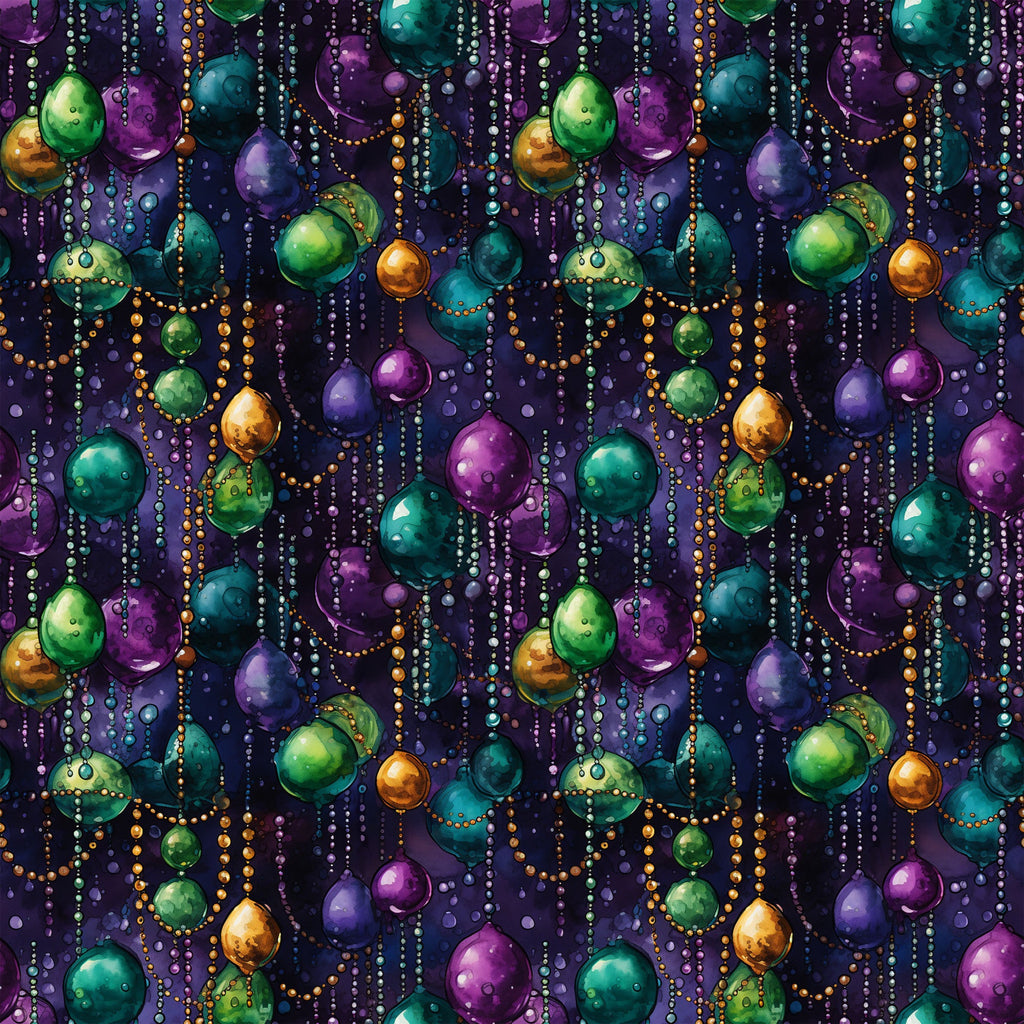 purple, green, gold, teal, orange, mardi gras beads, jewel tones, festive pattern, carnival celebration, new orleans theme,, fabric panel, party atmosphere, decorative beads, purple background, metallic accents, repeating pattern, celebratory design, fat tuesday, beaded necklaces