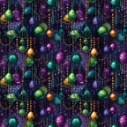 purple, green, gold, teal, orange, mardi gras beads, jewel tones, festive pattern, carnival celebration, new orleans theme,, fabric panel, party atmosphere, decorative beads, purple background, metallic accents, repeating pattern, celebratory design, fat tuesday, beaded necklaces