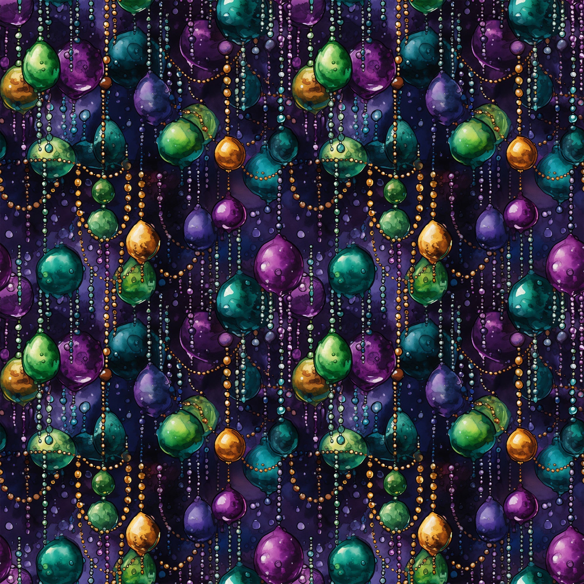 purple, green, gold, teal, orange, mardi gras beads, jewel tones, festive pattern, carnival celebration, new orleans theme,, fabric panel, party atmosphere, decorative beads, purple background, metallic accents, repeating pattern, celebratory design, fat tuesday, beaded necklaces