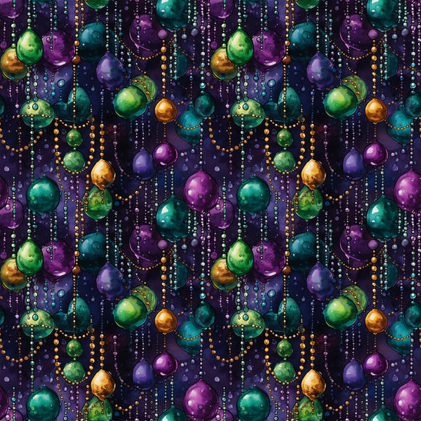 purple, green, gold, teal, orange, mardi gras beads, jewel tones, festive pattern, carnival celebration, new orleans theme,, fabric panel, party atmosphere, decorative beads, purple background, metallic accents, repeating pattern, celebratory design, fat tuesday, beaded necklaces