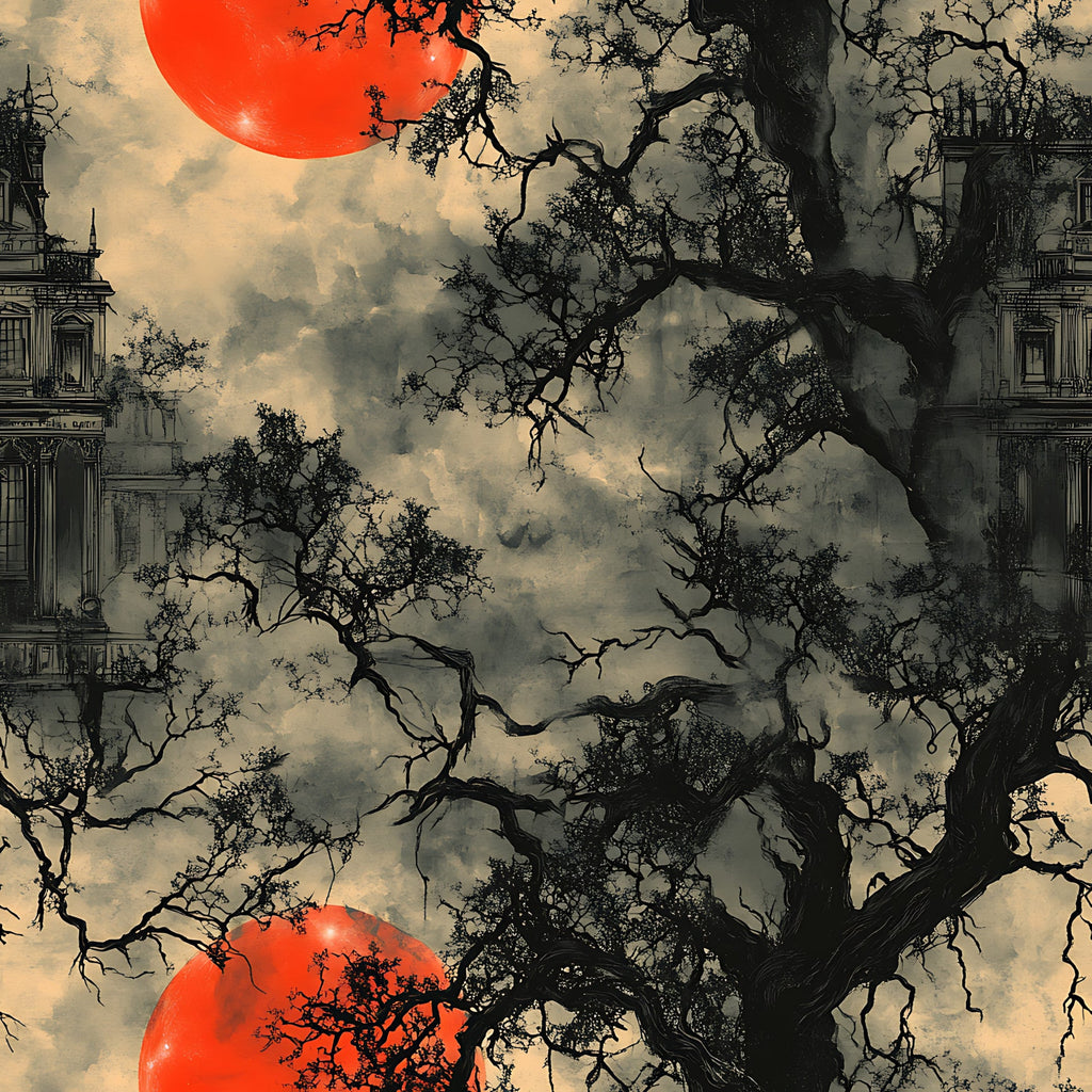 blood moon, red sun, gothic architecture, bare trees, twisted branches, gnarled trees, spooky atmosphere, halloween theme, dark silhouettes, stormy clouds, orange red, sepia tones, haunted mansion, eerie landscape, horror aesthetic,, fabric panel, autumn colors, supernatural mood, macabre design