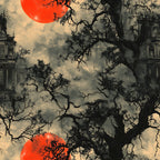 blood moon, red sun, gothic architecture, bare trees, twisted branches, gnarled trees, spooky atmosphere, halloween theme, dark silhouettes, stormy clouds, orange red, sepia tones, haunted mansion, eerie landscape, horror aesthetic,, fabric panel, autumn colors, supernatural mood, macabre design